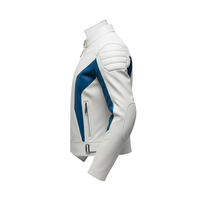 Jaket Motor Kulit PU Pria Warna Putih Biru Model Color Blocking Kerah Tegak Ritsleting Slim Fit Gaya Biker untuk Musim Semi