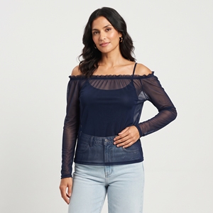 Women's Off The Shoulder <b>Mesh</b> Blouse With Full Sleeve 100% Polyester Sheer <b>Mesh</b> <b>Top</b> Off Shoulder Shirt <b>Top</b> Women - Product Image 1