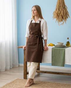 Brown Linen Bib <b>Apron</b> With Pockets Adjustable Waist For Kitchen <b>Cooking</b> - Product Image 4