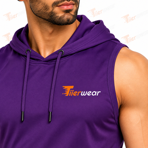 Camiseta sin mangas con capucha para hombre, color morado, de secado rápido, poliéster, deportiva, con logotipo bordado en la parte delantera. - Product Image 5