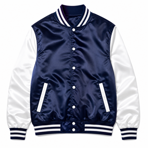 Veste universitaire en satin blanc pour homme, poignets côtelés marine, style preppy, coupe régulière, respirante, en polyester, pour l'automne - Product Image 1