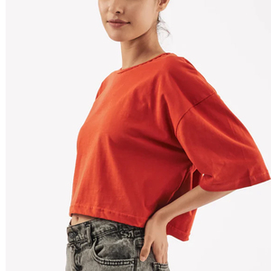 Women Oversized Crop T-Shirt Loose Fit Short Sleeve Crew Neck Solid Color Cotton Jersey Tee Spring Summer Streetwear Style - Product Image 6