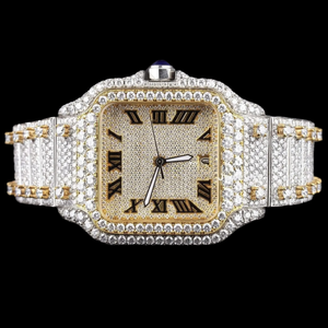 Reloj de Hombre de Moda con Esfera Cuadrada de Diamantes Moissanite de Alta Calidad en Dos Tonos, Totalmente Cubierto de Piedras, con Números Romanos y Movimiento de Cuarzo - Product Image 1