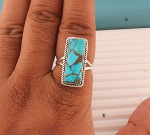 Bague de mariage et de fête unisexe en argent 925, artisanale, classique, longue et rectangulaire, avec améthyste bleue et cuivre, bordure torsadée, directement de l'usine - Product Image 1