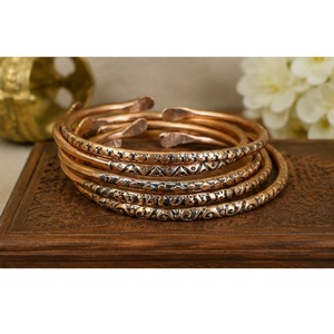 Vintage Stackable Copper Cuff Wristband Set Handcrafted Ethnic <b>Engraved</b> <b>Bangle</b> Assortment - Product Image 1