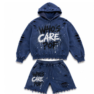 Conjunto Exclusivo de Chaqueta con Capucha y Pantalones Cortos Cortavientos, Diseño Premium con Estampado Puff, Chaqueta Cortavientos de Nailon y Poliéster, Conjunto Moderno para Uso Diario - Product Image 1