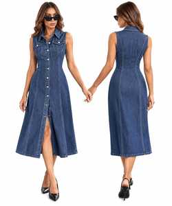 Robe en jean bleue sans manches, col rabattu, boutonnée devant, robe maxi décontractée élégante pour femmes - Product Image 5