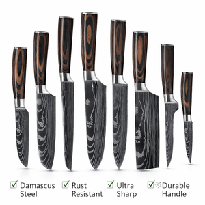 Ensemble complet de 8 couteaux de cuisine, motif Damas, ensemble de couteaux de chef japonais, manches en bois, ultra-affûtés, coupe rapide, ambidextres - Product Image 5