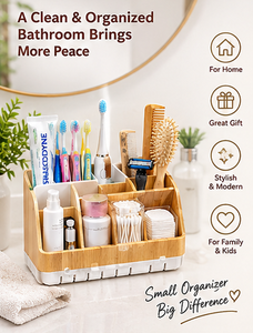 Organisateur de salle de bain portable en bambou, plateau de rangement minimaliste rectangulaire avec 7 compartiments pour brosses à dents, dentifrice et accessoires (Ensemble) - Product Image 6