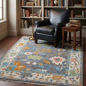 Tapis en laine noué à la main, motif floral classique, gris, bleu, multicolore, rectangulaire, à poils plats, durable, pour la maison - Product Image 3