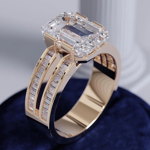 <b>Emerald</b> Cut Moissanite Diamond Engagement <b>Ring</b> Channel Baguette Cut Double Band Statement <b>Ring</b> 925 Sterling <b>Silver</b> Jewelry - Product Image 4