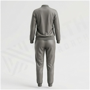 Ensemble de survêtement gris pour femme, manches longues, col montant, fermeture éclair sur le devant, motif imprimé en feuille, poches latérales, tenue décontractée pour l'automne - Product Image 2