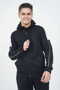 Chándal negro con capucha para hombre, manga larga, cremallera frontal, color sólido, ropa informal con bolsillos laterales, estilo otoñal, corte regular - Product Image 4