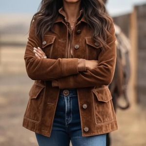 <b>Womens</b> Handmade <b>Brown</b> Genuine Suede <b>Leather</b> <b>Jacket</b> Vintage Western Style with Pockets - Product Image 2
