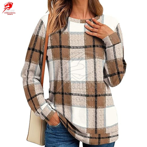 Sweat-shirt en molleton à carreaux pour femme, à manches longues, col rond, tricoté, décontracté, pour l'automne - Product Image 4