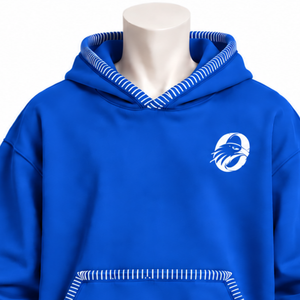 Royal Blue Stitched Border Distressed Pullover <b>Hoodie</b> <b>Oversized</b> Sweatshirt Contrast <b>Stitch</b> Kangaroo Pocket Casual Streetwear Wea - Product Image 3