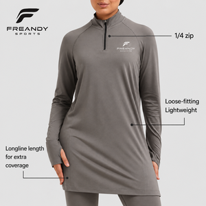 Haut de sport en polaire léger à col montant et fermeture éclair 1/4, coupe ample et longue, pour tenue modeste - Product Image 1