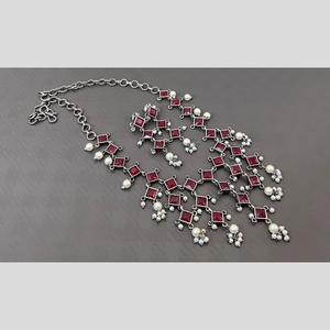 Oxidised Plated <b>Crystal</b> Stone and Pearls Fine Jewelry Necklace <b>Set</b> | Elegant Ethnic & Party Wear <b>Set</b> for Women for festive wear - Product Image 1