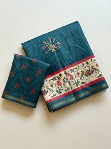 Sari en coton Chanderi imprimé numériquement avec bordure tissée Jari Patti, pompons Fumka faits à la main, sari traditionnel à enfiler rapidement - Product Image 4