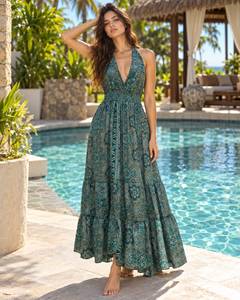 Blue Paisley Print Chiffon Maxi <b>Swimdress</b> Women Halter Neck Crop Top Regular Fit Asymmetric Tiered Skirt Poolside Beach Wear 1 - Product Image 2
