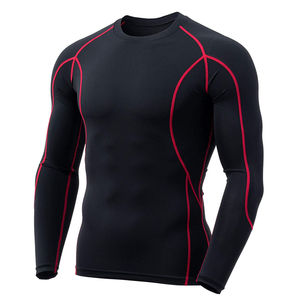 Haut de protection respirant à manches longues pour hommes adultes, noir avec surpiqûres rouges, séchage rapide, en Spandex et Polyester - Product Image 1