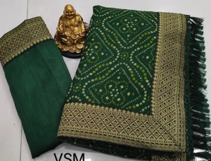 Sari vert en georgette Bandhani spécial pour femme KV avec chemisier non cousu K V International Traditionnel Séchage rapide Mariage - Product Image 4