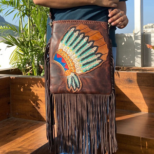 Hot Selling Women's Western Floral Pattern <b>Crossbody</b> <b>Purse</b> Large Fringe Genuine Leather Concealed Carry Nylon Hand Tooled Zipper - Product Image 2