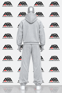 Men's Winter Solid Light Gray Hoodie Tracksuit Set Full Zip Hooded <b>Sweatshirt</b> Jogger Pants <b>White</b> Piping Casual Sportswear 100% - Product Image 3