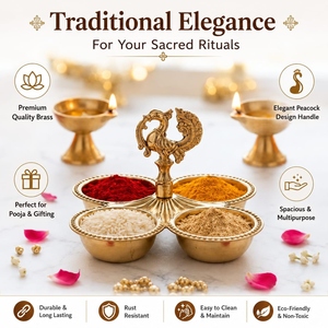 Support à Haldi Kumkum en laiton au design classique avec bordure dorée et poignée paon, contenant 4 bols pour Roti Chawal, idéal pour les cérémonies religieuses Pooja - Product Image 4