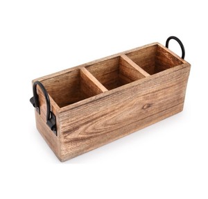 Rustic Acacia Wood Storage <b>Caddy</b> with Metal Handles Three Compartment Organizer Box for <b>Kitchen</b> Bathroom Office and Home Use - Product Image 1