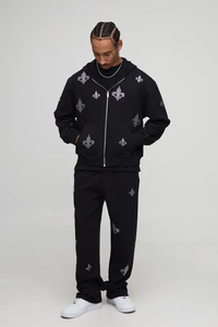 Men's Black Hooded Tracksuit Full Zipper Solid Color Casual Sweatshirt Pants Set 100% Cotton Midweight Autumn Wear - Product Image 4