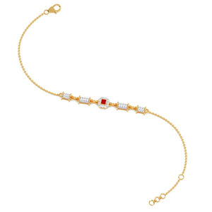 <b>Red</b> Center Diamond Link <b>Bracelet</b> with Yellow Gold Chain and Geometric Halo Bar Design - Product Image 3