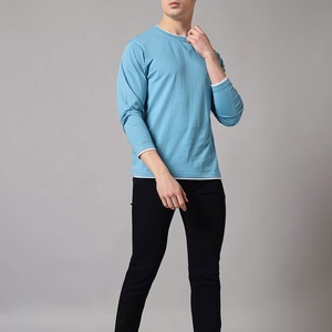 เสื้อยืดคอกลมแขนสั้นผู้ชาย ผ้าฝ้ายถัก 100% ทรงปกติ โอเวอร์ไซส์ สวมใส่สบาย ระบายอากาศได้ดี สีน้ำเงิน - Product Image 1