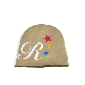 Bonnet en tricot vert avec lettre R blanche et broderie d'étoiles colorées pour homme, casquette d'hiver décontractée - Product Image 4