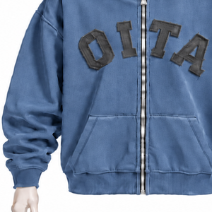 Sweat à capuche zippé pour homme en bleu acier, avec patch en chenille, en molleton épais, coupe oversize, style streetwear décontracté, avec poche kangourou - Product Image 6