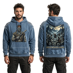 Sudadera con Capucha Azul Vintage Personalizada para Hombre, con Gráfico de Bandido, Lavado Ácido, Estilo Desgastado, Streetwear, Algodón Grueso - Product Image 1