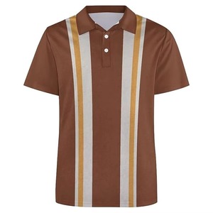 <b>Mens</b> <b>Brown</b> Striped Short Sleeve Polo <b>Shirt</b> Casual Woven Regular Fit Button Design Customize wholesale OEM - Product Image 1
