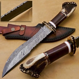 Cuchillo de caza DIY OEM de acero inoxidable de Damasco con mango de cuerno de ciervo y madera, espiga completa, hoja fija dentada de alta calidad - Product Image 1