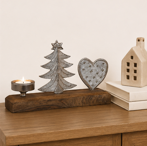 Handcrafted Metal Christmas <b>Tree</b> And Embossed Heart Tea <b>Light</b> Holder Solid Mango Wood Base Modern Rustic Holiday Table Centertop - Product Image 6