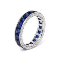 Bague éternité et alliance en or blanc 14 carats avec saphir bleu taille princesse 3 mm et diamant certifié IGI