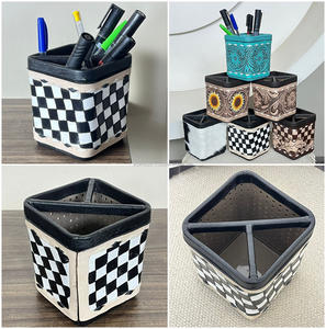 Porte-stylo carré en cuir véritable fait main de style occidental, motif à carreaux noir et blanc, accessoire de bureau - Product Image 3