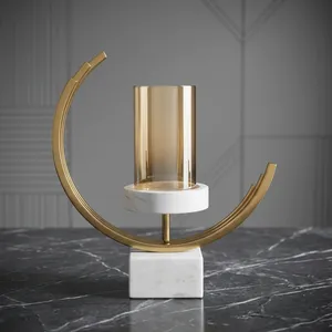 Gold Finish Metal <b>Candle</b> Holder Decorative Tabletop <b>Candle</b> Stand Modern Home Decor Centerpiece with <b>Marble</b> Base - Product Image 5