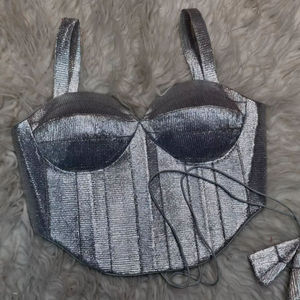 Metallic Silver Woven <b>Satin</b> Minimalist Corset <b>Blouse</b> for Saree Wedding Spring/Summer Sleeveless - Product Image 1