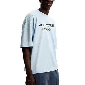T-shirt homme bleu ciel oversize 100 % coton, coupe droite à épaules tombantes, impression logo personnalisée, streetwear uni, manches chauve-souris - Product Image 2