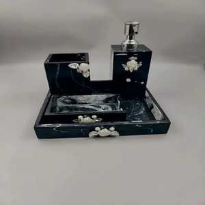 Black Resin Bath Accessory Set 4 Pieces Flower Charm Soap Pump Toothbrush Holder Soap Dish <b>Vanity</b> Tray Washroom Countertop - Product Image 1