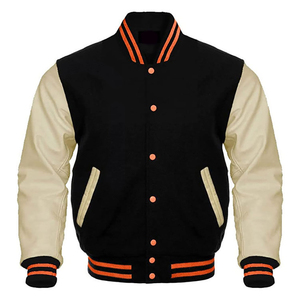 Veste varsity noire pour homme avec manches crème et bordure orange, fermeture à boutons, vêtement décontracté pour l'automne - Product Image 1