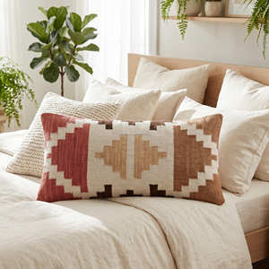Housse de coussin lombaire en laine Kilim 14 x 22 pouces avec motif tribal sud-ouest pour la décoration de lit, banc et canapé - Product Image 6