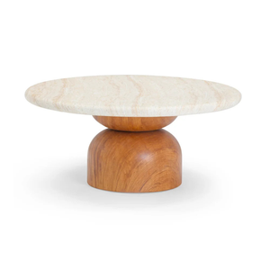 <b>Round</b> <b>Marble</b> Top <b>Coffee</b> <b>Table</b> with Wooden Base Modern Minimalist Design for Living Room - Product Image 1