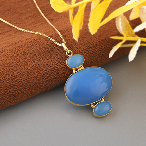 Fashion statement jewelry cabochon blue chalcedony big size pendant necklace 18k gold plated collet set triple gemstone necklace - Product Image 3