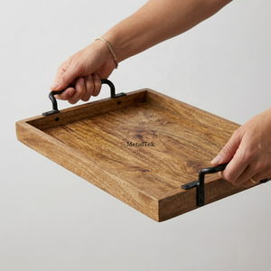 Bandeja de Servir de Madera en Oferta, con Asas de Metal Negro Mate, Bandeja Rectangular Grande Decorativa para Otomanas, Bandejas Ecológicas para Alimentos - Product Image 3